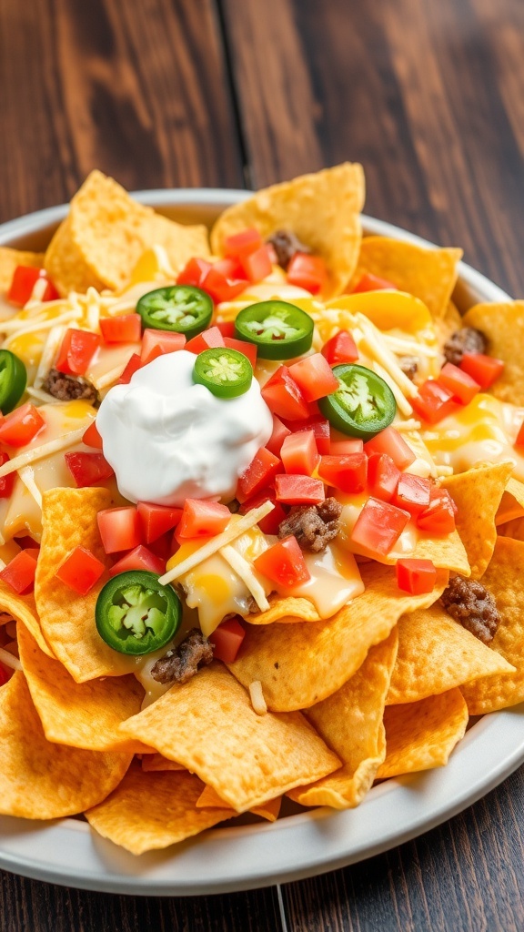 A vibrant plate of nachos with cheese, jalapeños, tomatoes, and sour cream on a wooden table.